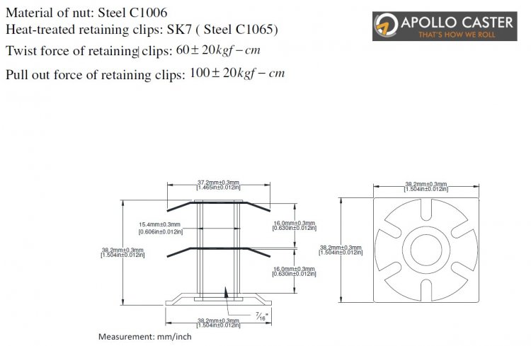 (image for) Socket; Grip Ring; 1.46"; Fits in 1-3/8 ID Square Tubing; Spring Retention; Fits 7/16" GR stems to 1-7/16". Base is 1.5" square. (Item #87896)