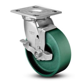 Caster; Swivel; 6" x 2"; Cast Iron; Plate (4"x4-1/2"; holes: 2-5/8"x3-5/8" slots to 3"x3"; 3/8" bolt); Zinc; Roller Brng; 1200#; Brake; Warranty; Made in USA (Item #63460)