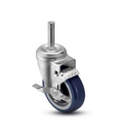 Caster; Swivel; 3" x 1-1/4"; PolyU on PolyO (Blue); Grip Ring (7/16" x 1-1/4"); Zinc; Ball Brng; 250#; Tread brake; Bearing Cover (Item #66333)