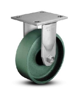 Caster; Rigid; 6" x 2"; Cast Iron; Plate (4"x4-1/2"; holes: 2-5/8"x3-5/8" slots to 3"x3"; 3/8" bolt); Zinc; Roller Brng; 1200#; Warranty; Made in USA (Item #63459)