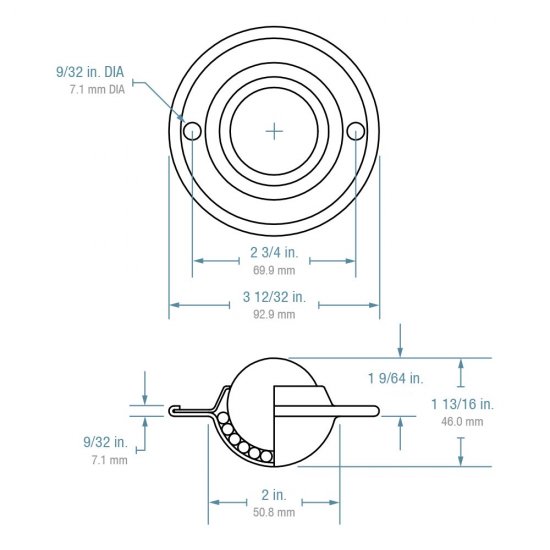 (image for) Ball Transfer; Low Profile; 1-1/2" Stainless Steel ball; Flange (3-11/16" diameter: two 1/4" holes: 2-3/4" apart); CarbonSteel flange; 200#; 1-1/8" profile (Item #88817)