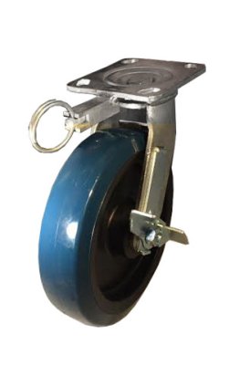Caster; Swivel; 5" x 2"; PolyU on PolyO (Blue); Plate; 4"x4-1/2"; holes: 2-5/8"x3-5/8" (slots o 3"x3"); 3/8" bolt; Zinc; Roller Brng; 900#; Pos Lck; Whl Lck (Item #69373)