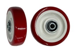 Wheel; 5" x 1-1/4"; PolyU on PolyO (Red/ White); Dual Ball Bearings; 350#; 3/8 Bore; 1-9/16 Hub Length (Item #87356)