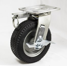 Caster; Swivel; 6" x 2"; Flat Free (Black); Plate (4"x4-1/2"; holes); Prec BB; 250#; Sawtooth Tread; Premium Welded Hub; Tread Brake; Position Lock (Item #64406)