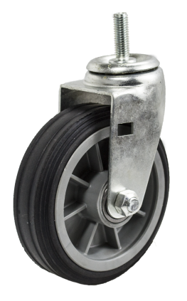 Caster; Swivel; 6" x 2"; Solid Rubber on Plastic Hub (Grey); Threaded Stem (1/2"-13TPI x 1-1/2"); Zinc; Ball Brng; 350#; Ribbed Tread (Item #64078)