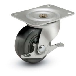 Caster; Swivel; 2-1/2" x 13/16"; Rubber (Soft; non-marking); Plate (1-3/16" x 2"; holes: 13/16" x 1-9/16"; 3/16" bolt); Zinc; Steel Spanner; 80#; Side friction (Item #69980)