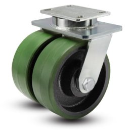 Caster; Dual; Swivel; 6"x3" (x 2); PolyU on Cast; Plate (5-1/4"x7-1/4"; holes 3-3/8x5-1/4 (slotted to 4-1/8x6-1/8; 1/2 bolt); Roller Brng; 4000#; Kingpinless (Item #64685)