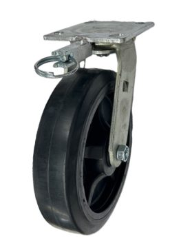 Caster; Swivel; 8" x 2"; Rubber on Nylon; Plate (4"x4-1/2"; holes: 2-5/8"x3-5/8" slotted to 3"x3"; 3/8" bolt); Zinc; Roller Brng; 600#; Position Lock (4-way (Item #64617)
