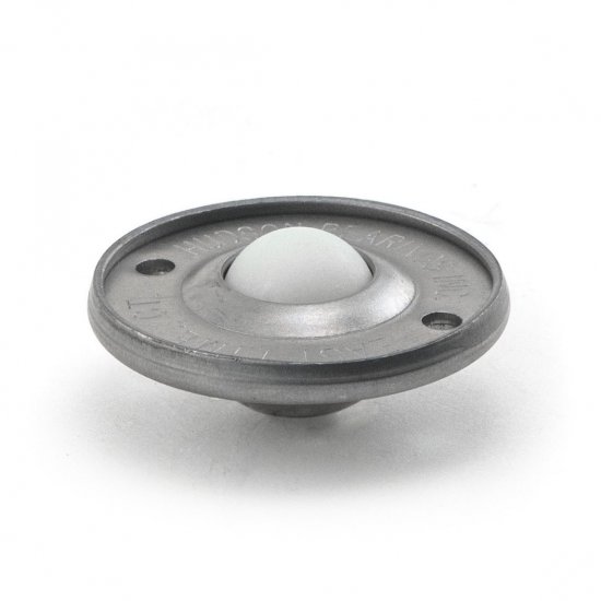 (image for) Ball Transfer; Low Profile; 5/8" Nylon ball; Flange (1-11/16" diameter; two 1/8" holes: 1-1/4" apart); Carbon Steel flange; 40#; 3/8" profile (Item #88814)