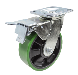 Caster; Swivel; 6" x 2"; PolyU on Nylon; Plate (4"x4-1/2"; holes: 2-5/8"x3-5/8" slots to 3"x3"; 3/8" bolt); Zinc; Roller Brng; 1200#; Total Lock (Trailing) (Item #63937)