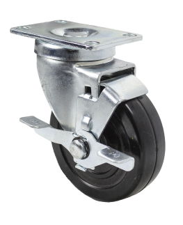 Caster; Swivel; 4" x 1-1/2"; Phenolic; Plate (4"x4-1/2"; holes: 2-5/8"x3-5/8" slots to 3"x3"; 3/8" bolt); Zinc; Roller Brng; 600#; Tread brake (Item #63630)