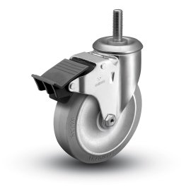 Caster; Swivel; 4" x 1-1/4"; Thermoplastized Rubber (Gray); Threaded Stem (1/2"-13TPI x 1-1/2"); Zinc; Prec Ball Brng; 300#; Total Lock Brake (Item #63727)