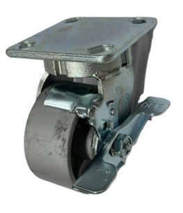 Caster; Swivel; 4" x 2"; Cast Iron; Plate (4"x4-1/2"; holes: 2-5/8"x3-5/8" slots to 3"x3"; 3/8" bolt); Zinc; Roller Brng; 1000#; Kingpinless; Tread brake (Item #68750)