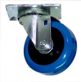 Caster; Swivel; 2" x 1"; PolyU on PolyO (Blue); Plate (1-3/4" x 3"; holes: 1" x 2-1/4"; 1/4" bolt); Zinc; Prec Ball Brngs; 150# (Item #63190)