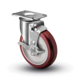 Caster; Swivel; 4" x 1-1/4"; PolyU on PolyO (Red); Plate (2-1/2"x3-5/8": holes: 1-3/4"x2-13/16" (slot to 3-1/16"); 5/16" bolt); Zinc; Ball Brng; 275#; Brake (Item #63777)
