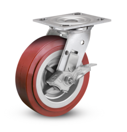 Caster; Swivel; 4" x 2"; 95A PolyU on PolyO (Red); Plate; 4"x4-1/2"; holes: 2-5/8"x3-5/8" (slotted to 3"x3); 3/8 bolt; Roller Brng; 500#; Wheel brake (Item #67603)
