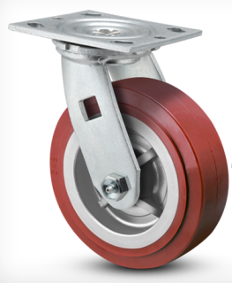 Caster; Swivel; 5" x 2"; Red PolyU on PolyO; Plate; 4"x4-1/2"; holes: 2-5/8"x3-5/8" (slotted to 3"x3"); 3/8" bolt; Zinc; Roller Brng; 700# (Item #67602)