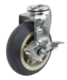 Caster; Swivel; 6" x 2"; ThermoPlastic Rubber Donut (Gray); Hollow Kingpin (1/2" bolt hole); Zinc; Roller Brng; 450#; Tread brake (Item #64275) Caster; Swivel; 6" x 2"; ThermoPlastic Rubber Donut (Gray); Hollow Kingpin (1/2" bolt hole); Zinc; Roller Brng; 450#; Tread brake (Item #64275)