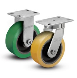 Caster; Swivel; 8" x 3"; 95A PolyU on HD Cast Iron; Plate (4-1/2"x6-1/4"; holes: 2-7/16"x4-15/16" slots to 3-3/8"x5-1/4"; 1/2" bolt); 4000; Prec BB; Kingpinless (Item #63548)