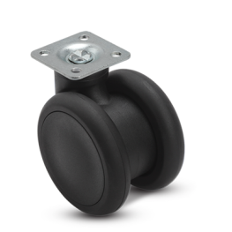 Caster; Twin Wheel; Swivel; 65mm; Thermoplastized Rubber (Black); Plate (1-1/2" x 1-1/2"; holes: 1" x 1"; 3/16" bolt);Riveted Axle; 110# (Item #65401)