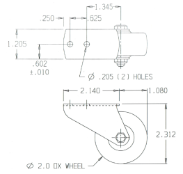 Side Mount Rigid Caster; 2" x 7/8"; Polyolefin; Offset Plate (1-1/4"x2-1/8": 2 holes: 5/8" apart; 3/16" bolt); 3-1/4" Total Length; Zinc Finish; 100# (Item #64519) Side Mount Rigid Caster; 2" x 7/8"; Polyolefin; Offset Plate (1-1/4"x2-1/8": 2 holes: 5/8" apart; 3/16" bolt); 3-1/4" Total Length; Zinc Finish; 100# (Item #64519)