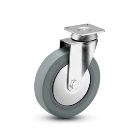 Caster; Swivel; 3" x 7/8"; TPR Rubber; Plate (2-3/8"x2-3/8": holes: 1-1/2"x1-1/2" (slots to 1-7/8"x1-7/8"); 1/4" bolt); Chrome; Ball Brng; 140#; Thread guards (Item #63698)