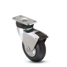 Caster; Swivel; 3" x 1"; Rubber (non-marking); Plate (2-1/2"x3-5/8": holes: 1-3/4"x2-13/16" (slots to 3-1/16"); 5/16" bolt); Chrome; Prec BB; Total Lock; 175# (Item #66224)