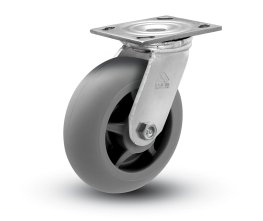 Caster; Swivel; 4" x 2"; ThermoPlastic Rubber Donut; Plate (4"x4-1/2"; holes: 2-5/8"x3-5/8" slots to 3"x3"; 3/8" bolt); Stainless Yoke and Roller Brng; 300# (Item #63487)