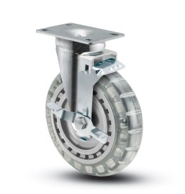 Caster; Swivel; 6"x1-1/4"; Polyurethane (Clear); Plate (2-5/8"x3-3/4"; holes: 1-3/4"x2-3/4" slotted to 3"; 5/16" bolt); Zinc; Ball Brng; 300#; Dustcap; Brake (Item #64752)