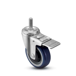 Caster; Swivel; 4" x 1-1/4"; PolyU on PolyO (Blue); Threaded Stem (1/2"-13TPI x 1-1/2"); Zinc; Precision Ball Brng; 315#; Total Lock; Bearing Cover (Item #66174)