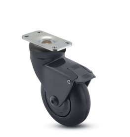 Caster; Swivel; 3" x 15/16"; Rubber (Soft; non-marking); Plate (1-1/4" x 2-3/8"; holes: 13/16" x 1-1/4"; 3/16" bolt); Black; Prec Ball Brng; 110#; Pedal Brake (Item #65650)