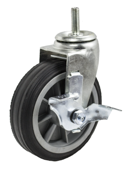 Caster; Swivel; 6" x 2"; Solid Rubber on Plastic Hub (Grey); Threaded Stem (1/2"-13TPI x 1-1/2"); Zinc; Ball Brng; 350#; Ribbed Tread; Tread brake (Item #64077)