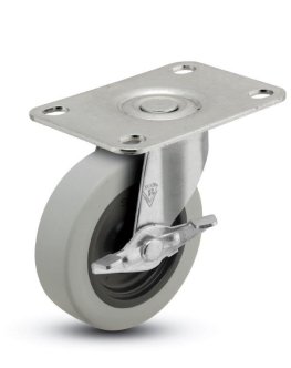 Caster; Swivel; 2" x 13/16"; Thermoplastized Rubber (Gray); Plate (1-1/2"x2-5/8"; holes: 15/16"x2-1/8"; 1/4" bolt); Zinc; Plain bore; 80#; Brake (Item #63824)