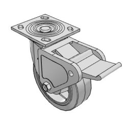 Caster; Swivel; 5" x 2"; PolyU on Cast Iron; Plate (4"x4-1/2"; holes: 2-5/8"x3-5/8" slotted to 3"x3"; 3/8" bolt); Zinc; Roller Brng; 1100#; Pedal Wheel brake (Item #64686)