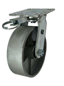 Caster; Swivel; 8 x 2; Cast Iron; Top Plate; 4x4-1/2; hole spacing: 2-5/8x3-5/8 (slotted to 3x3); 3/8 bolt; Zinc; Roller Brng; 1250#; Position Lock (4-way) (Item #66028)