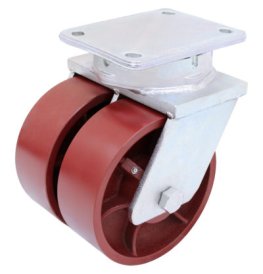 Dual Wheel Caster; Swivel; 6" x 3"; Ductile Steel; Plate (6-1/4"x7-1/2": holes: 4-1/8"x6" slots to 4-1/2"x6-1/8"; 1/2" bolt); Tapered Brng; 20000#; Kingpinless (Item #63122)