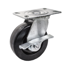 Caster; Swivel; 5" x 2"; Phenolic; Plate (4-1/2"x6-1/4"; holes: 2-7/16"x4-15/16" slotted to 3-3/8"x5-1/4"; 1/2" bolt); Zinc; Roller Brng; 1000#; Cam Brake (Item #66091)