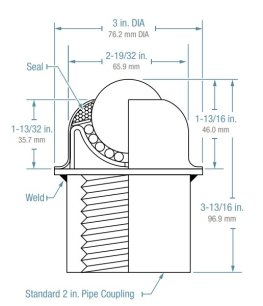 Ball Transfer; Pipe Mount; 1-1/2"; Carbon Steel ball; Welded to Carbon steel 2" pipe coupling; 250#; 1-13/16" ball transfer load height (Item #87677)