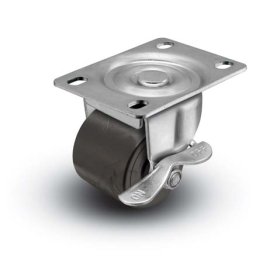 Caster; Swivel; 2"x1-13/16"; Polyolefin; Plate (2-5/8"x3-3/4"; holes: 1-3/4"x2-3/4" slots to 3"; 5/16" bolt); Zinc; Plain bore; 300#; Side friction brake (Item #67142)