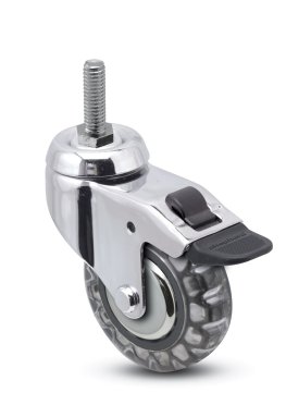 Caster; Swivel; 3" x 15/16"; Polyurethane (Clear); Threaded Stem (5/16"-18TPI x 1"); Chrome; Prec Ball Brng (Dual); 120#; Thread Guards; Hood; Pedal Brake (Item #63858)