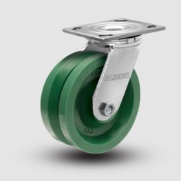 Caster; Swivel; 4" x 2"; V Groove (7/8") Polyurethane; Plate (4"x4-1/2"; holes: 2-5/8"x3-5/8" slots to 3"x3"; 3/8 bolt); Roller Brng; 350#; USA-Made; Warranty (Item #66758)