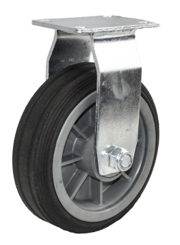 Caster; Rigid; 6" x 2"; Solid Rubber on Plastic Hub; Plate (4"x4-1/2"; holes: 2-5/8"x3-5/8" slots to 3"x3"; 3/8" bolt); Ball Brng; 350#; Ribbed Tread (Item #64277)