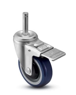 Caster; Swivel; 4" x 1-1/4"; PolyU on PolyO (Blue); Grip Ring (7/16" x 1-1/4"); Zinc; Precision Ball Brng; 300#; Bearing Cover; Total Lock (Item #65111)
