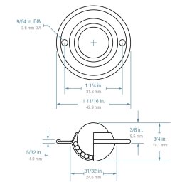 Ball Transfer; Low Profile; 5/8" Nylon ball; Flange (1-11/16" diameter; two 1/8" holes: 1-1/4" apart); Carbon Steel flange; 40#; 3/8" profile (Item #88814)