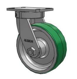 Caster; Swivel; 8" x 2-1/2"; 95A PolyU on Alum; Plate (4-1/2"x6-1/4"; holes: 2-7/16"x4-15/16" slots to 3-3/8"x5-1/4"; 1/2" bolt); Roller Brng; 2000#; Kingpinles (Item #63612)