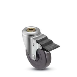Caster; Swivel; 3" x 1-1/4"; Rubber (Hard; Non-marking); Hollow Kingpin (1/2" bolt hole); Zinc; Plain bore; 210#; Pedal Style Wheel Brake (Item #65388)