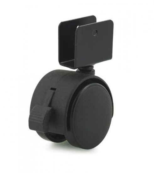 (image for) Caster; Twin Wheel; Swivel; 50mm; Nylon; U Bracket (5/8" ID); 1-5/16" High x 1-1/2" Long; Black; Steel Axle; 85#; Hood; Brake (Screw included) (Item #66435)