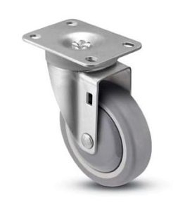 Caster; Swivel; 3"x1-1/4"; PolyU on PolyO (Gray); Plate (2-1/2"x3-5/8"; holes: 1-3/4"x2-7/8" slots to 3; 5/16 bolt); Zinc; Prec BBs; 250#; Dustcap; Thread Grd (Item #67254)