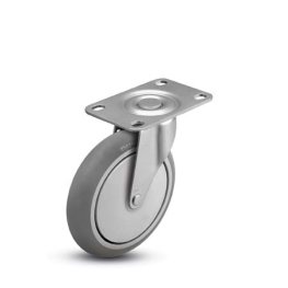 Caster; Swivel; 5 x 15/16; Monoprene (Donut); Top Plate (2-5/8x3-3/4; holes: 1-3/4x2-3/4 slotted to 3; 5/16 bolt); Zinc; Plain bore; 160#; Thread guards (Item #66497)