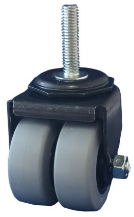 Caster; Dual Wheel; Swivel; 2" x 7/8" (x2); Thermoplastized Rubber (Gray); Threaded Stem (3/8-16TPI x 1-1/2); Black Rig; Plain bore; 180# (Item #65738)
